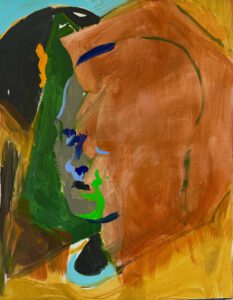 Expressiver Kopf in Rostrot und Grau in Acrylfarben