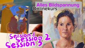 Gemälde einer Person mit hochgebundenen Haaren und Beschreibungstexte für einen Onlinekurs